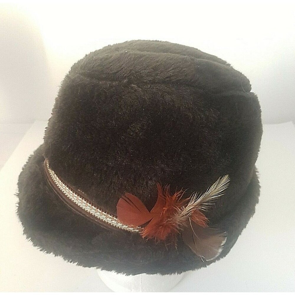 BILTMORE Women's Fur Hat Brown Ear Flaps Medium Vintage with Feather